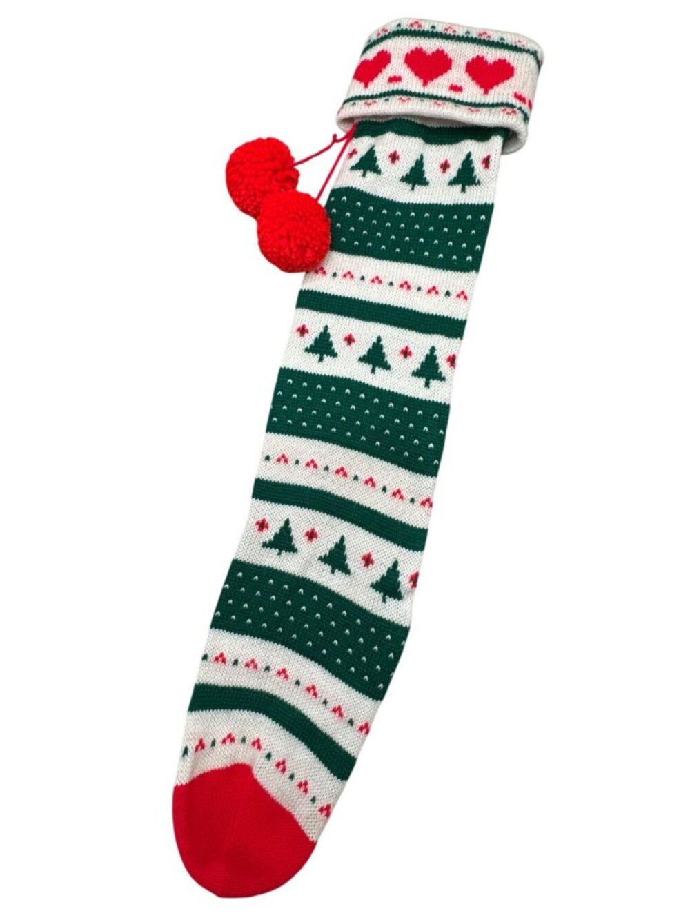 Knitted Christmas Stocking With Hearts & Trees Design White/Green/Red READ